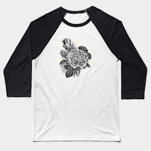 Black Rose Flower with Gold, Botanical Illustration Baseball T-Shirt